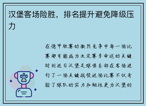 汉堡客场险胜，排名提升避免降级压力