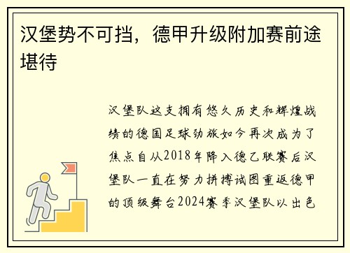 汉堡势不可挡，德甲升级附加赛前途堪待