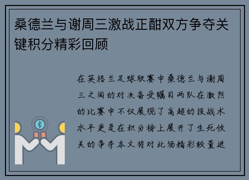 桑德兰与谢周三激战正酣双方争夺关键积分精彩回顾