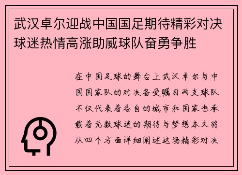武汉卓尔迎战中国国足期待精彩对决球迷热情高涨助威球队奋勇争胜