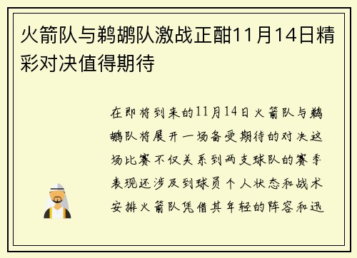 火箭队与鹈鹕队激战正酣11月14日精彩对决值得期待