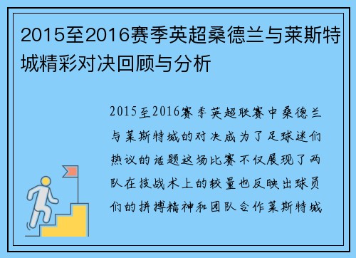 2015至2016赛季英超桑德兰与莱斯特城精彩对决回顾与分析