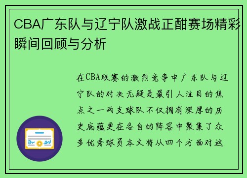 CBA广东队与辽宁队激战正酣赛场精彩瞬间回顾与分析