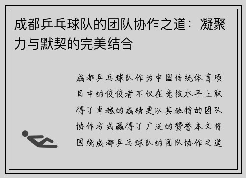 成都乒乓球队的团队协作之道：凝聚力与默契的完美结合