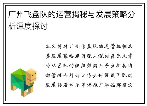 广州飞盘队的运营揭秘与发展策略分析深度探讨