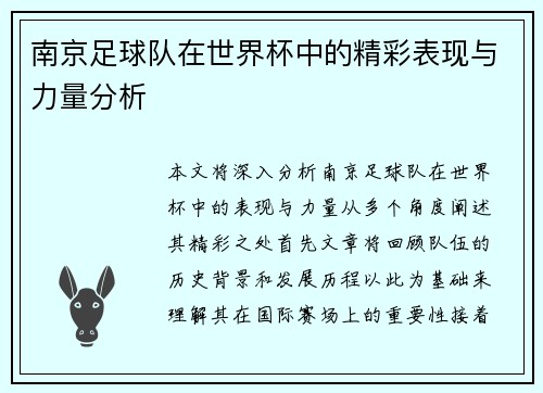 南京足球队在世界杯中的精彩表现与力量分析