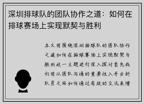 深圳排球队的团队协作之道：如何在排球赛场上实现默契与胜利