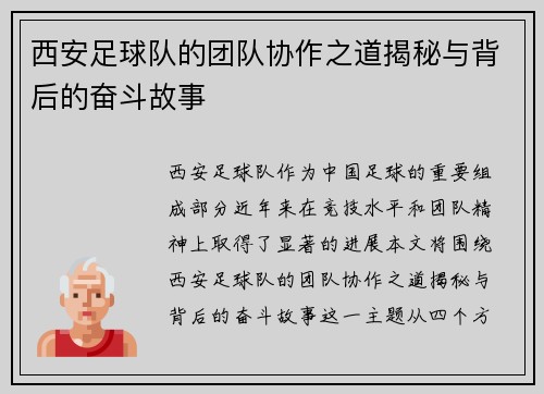 西安足球队的团队协作之道揭秘与背后的奋斗故事