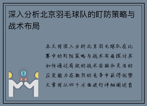 深入分析北京羽毛球队的盯防策略与战术布局