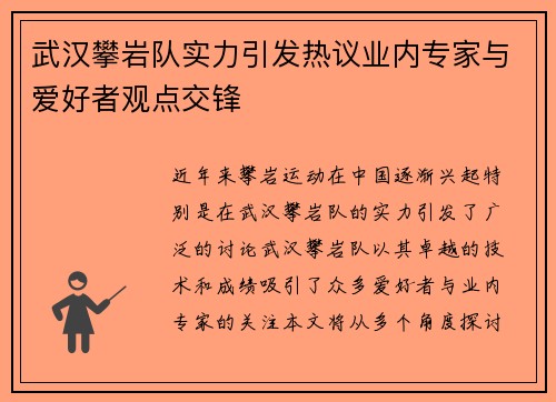 武汉攀岩队实力引发热议业内专家与爱好者观点交锋