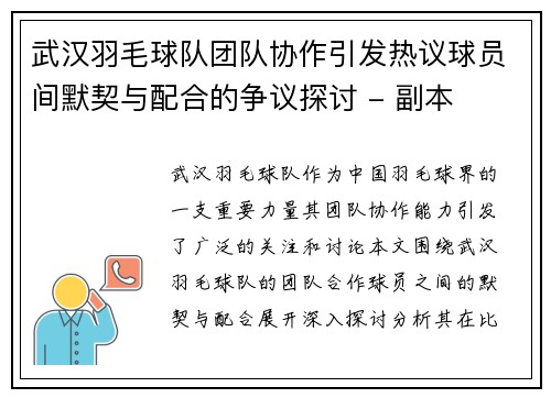 武汉羽毛球队团队协作引发热议球员间默契与配合的争议探讨 - 副本